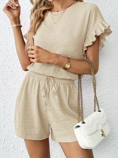 Golden Serenity Ruffle-Sleeve Short Set