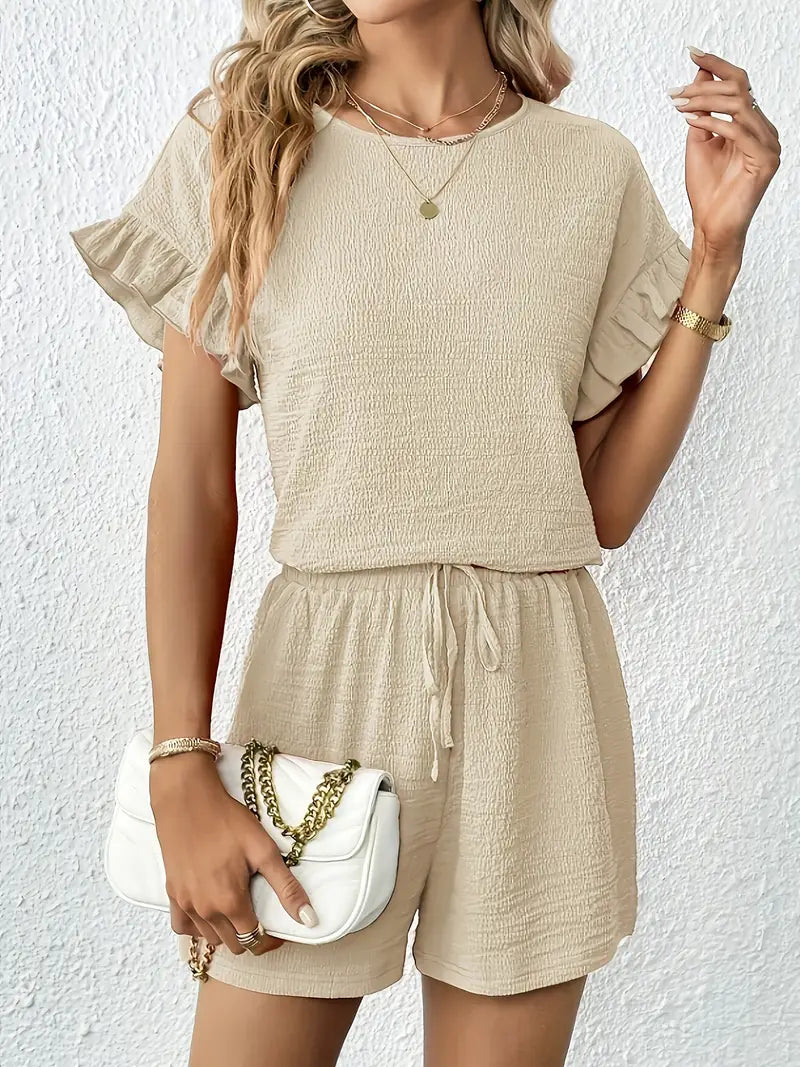 Golden Serenity Ruffle-Sleeve Short Set