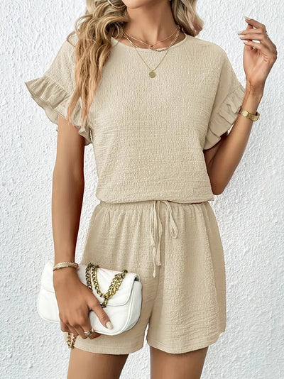 Golden Serenity Ruffle-Sleeve Short Set