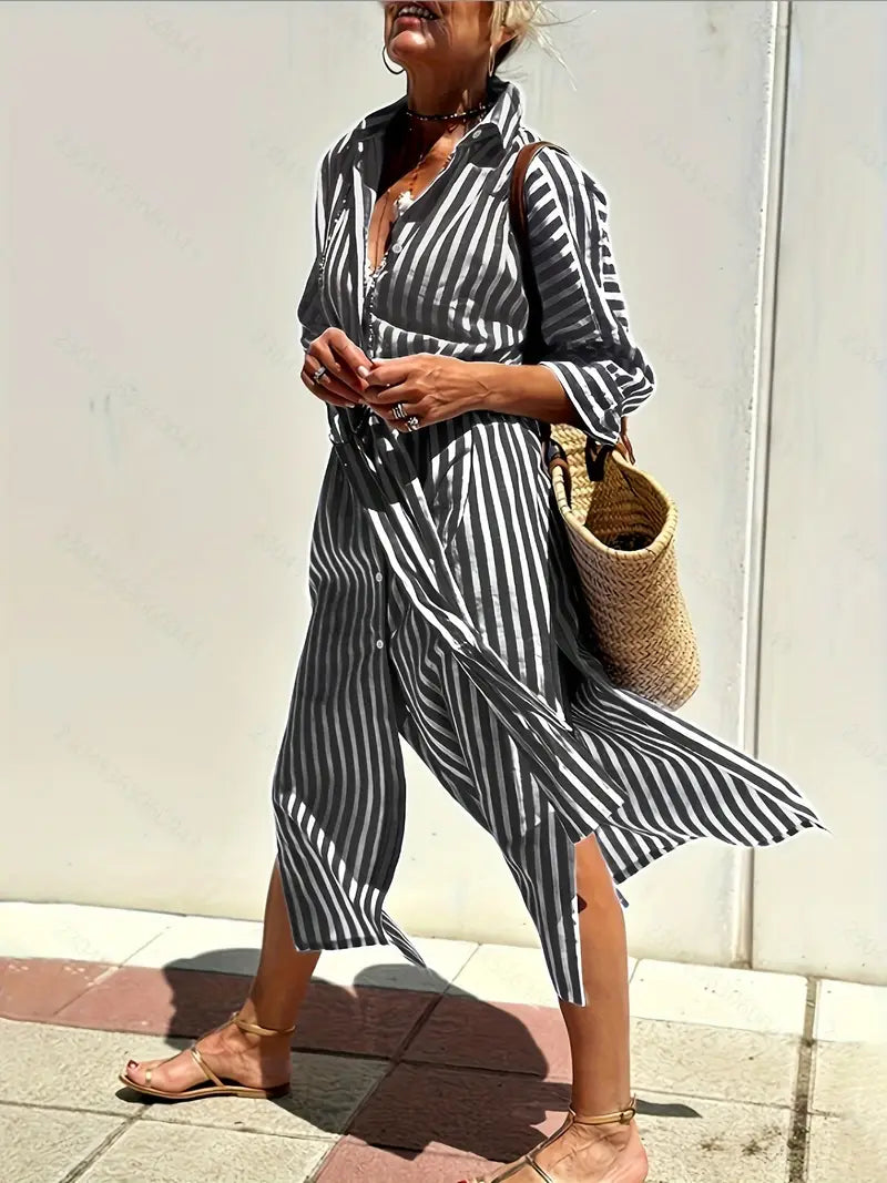 Golden Stride Split-Hem Shirt Dress