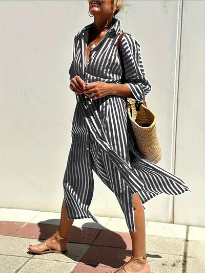 Golden Stride Split-Hem Shirt Dress