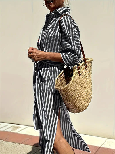 Golden Stride Split-Hem Shirt Dress