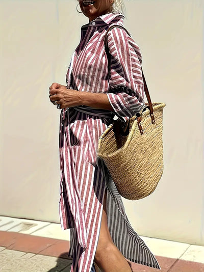 Golden Stride Split-Hem Shirt Dress