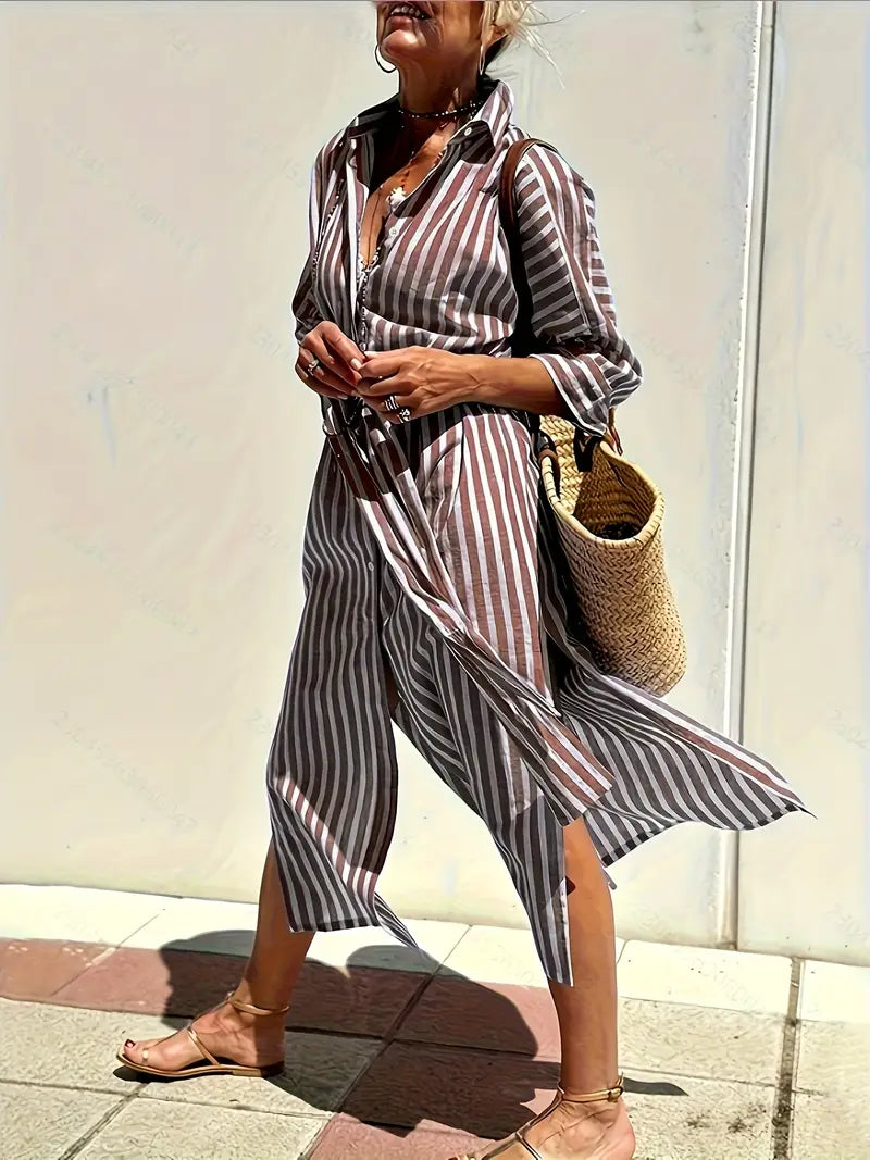 Golden Stride Split-Hem Shirt Dress