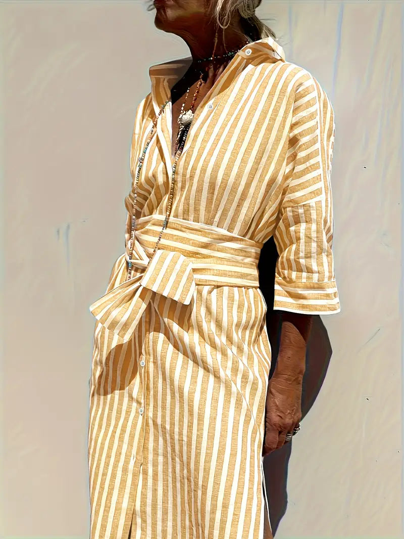 Golden Stride Split-Hem Shirt Dress