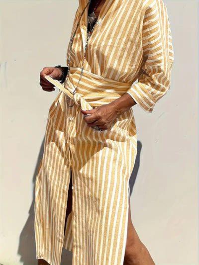 Golden Stride Split-Hem Shirt Dress