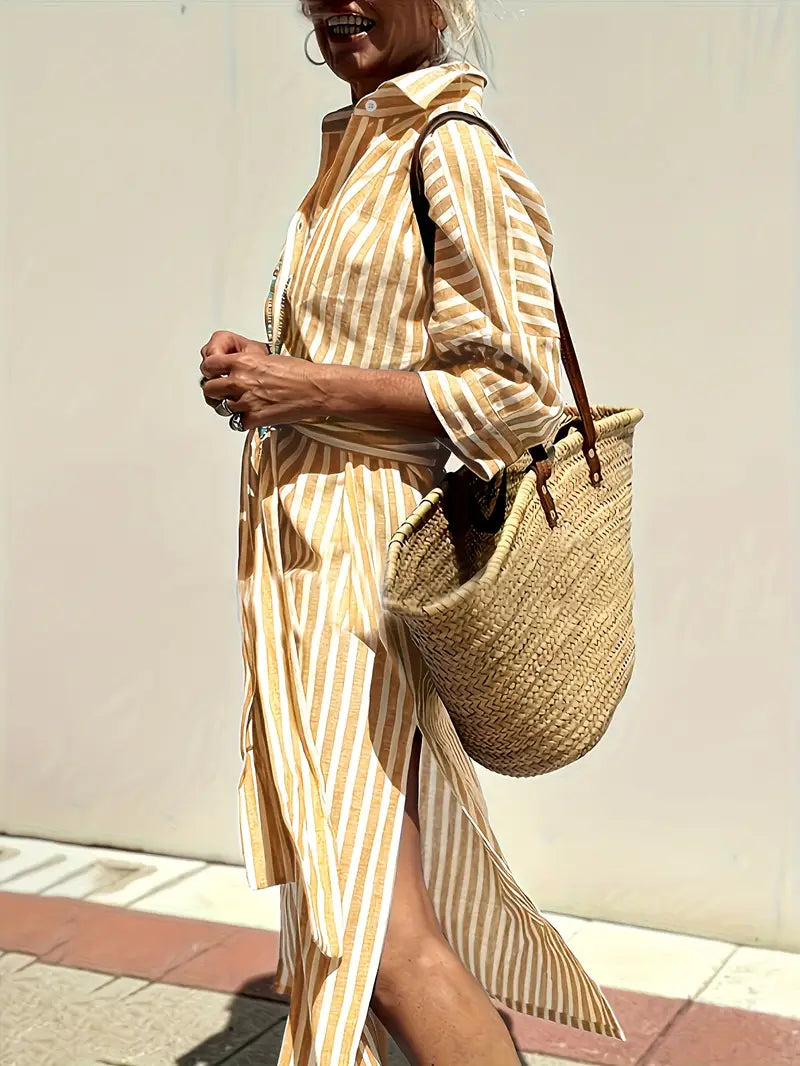 Golden Stride Split-Hem Shirt Dress