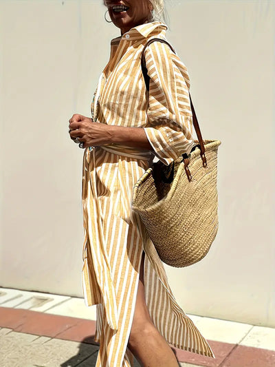 Golden Stride Split-Hem Shirt Dress