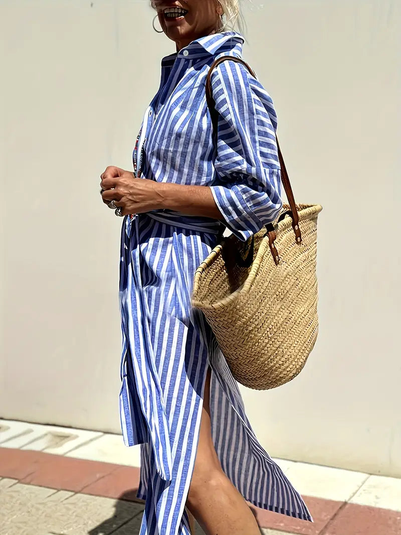 Golden Stride Split-Hem Shirt Dress