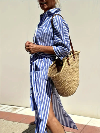 Golden Stride Split-Hem Shirt Dress