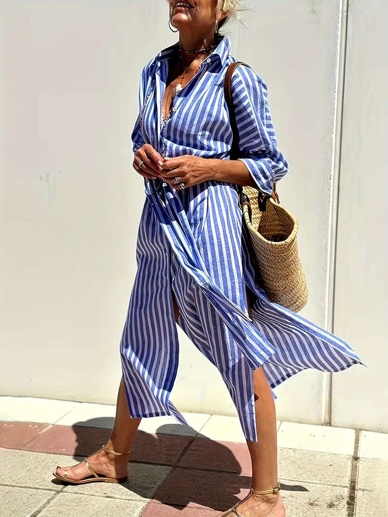 Golden Stride Split-Hem Shirt Dress