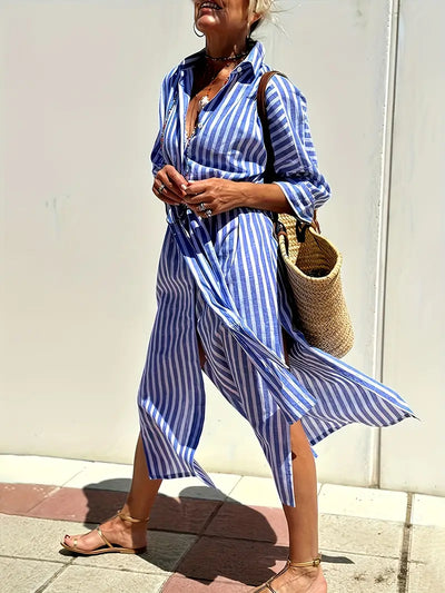 Golden Stride Split-Hem Shirt Dress