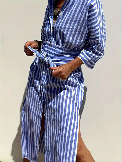 Golden Stride Split-Hem Shirt Dress