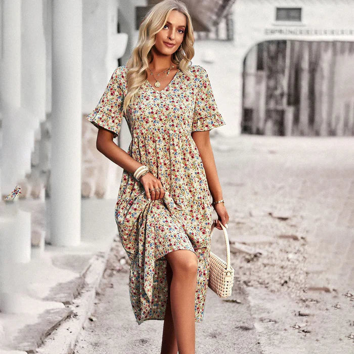 Golden Whimsy Floral Summer Dress