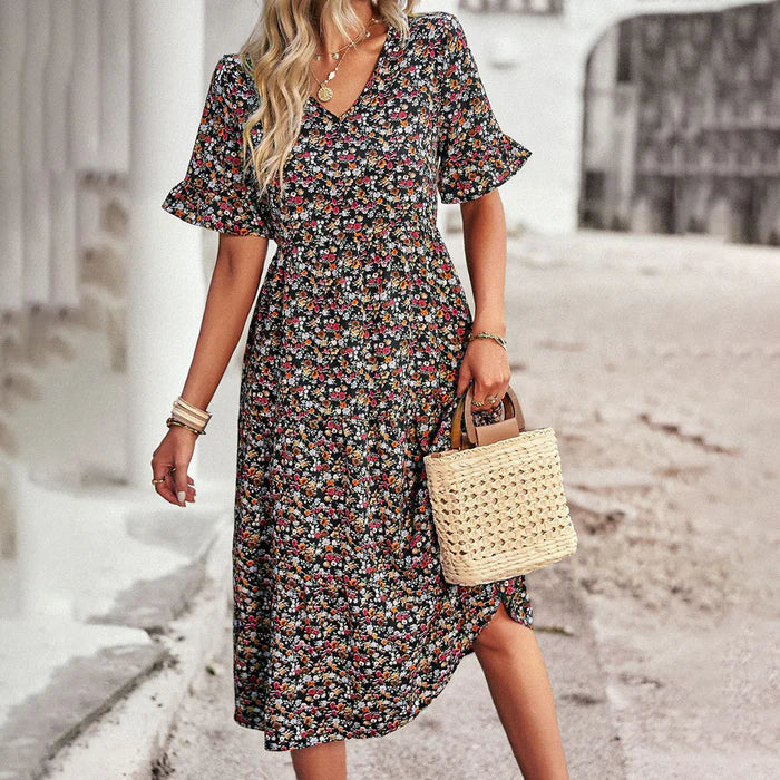 Golden Whimsy Floral Summer Dress