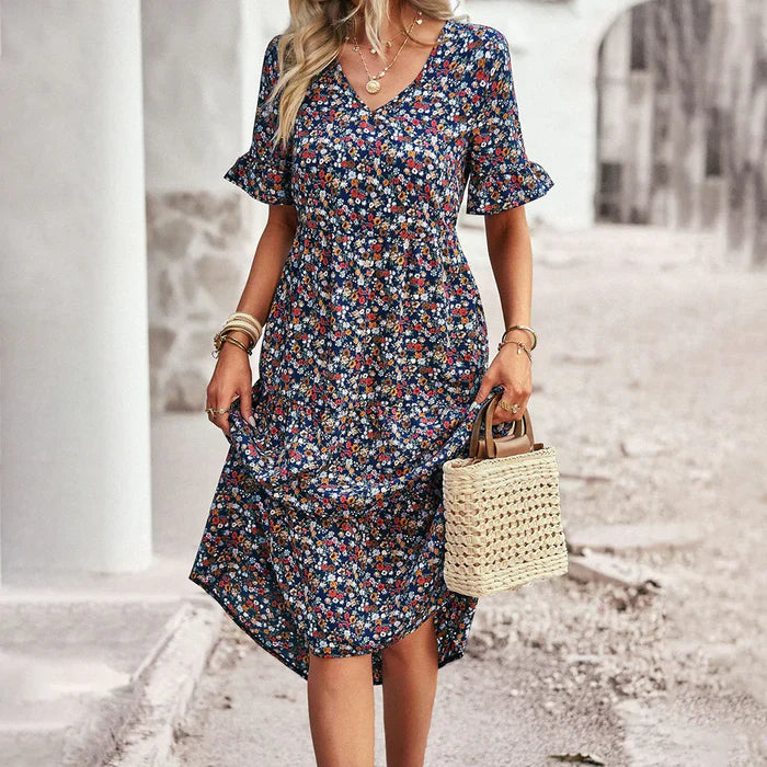 Golden Whimsy Floral Summer Dress
