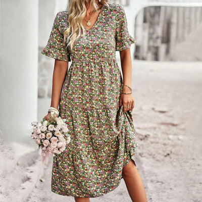 Golden Whimsy Floral Summer Dress