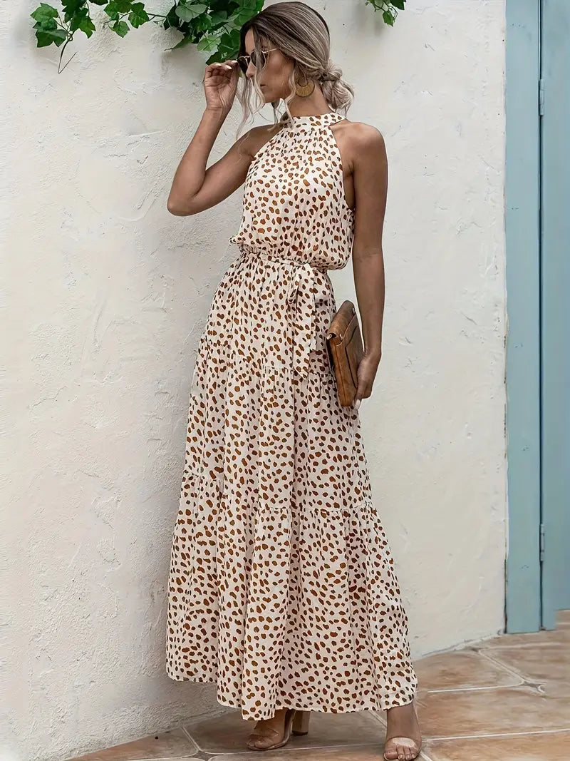 Golden Whimsy Halter Maxi Dress
