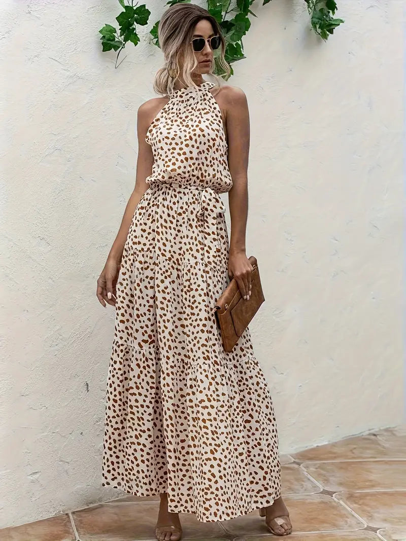 Golden Whimsy Halter Maxi Dress