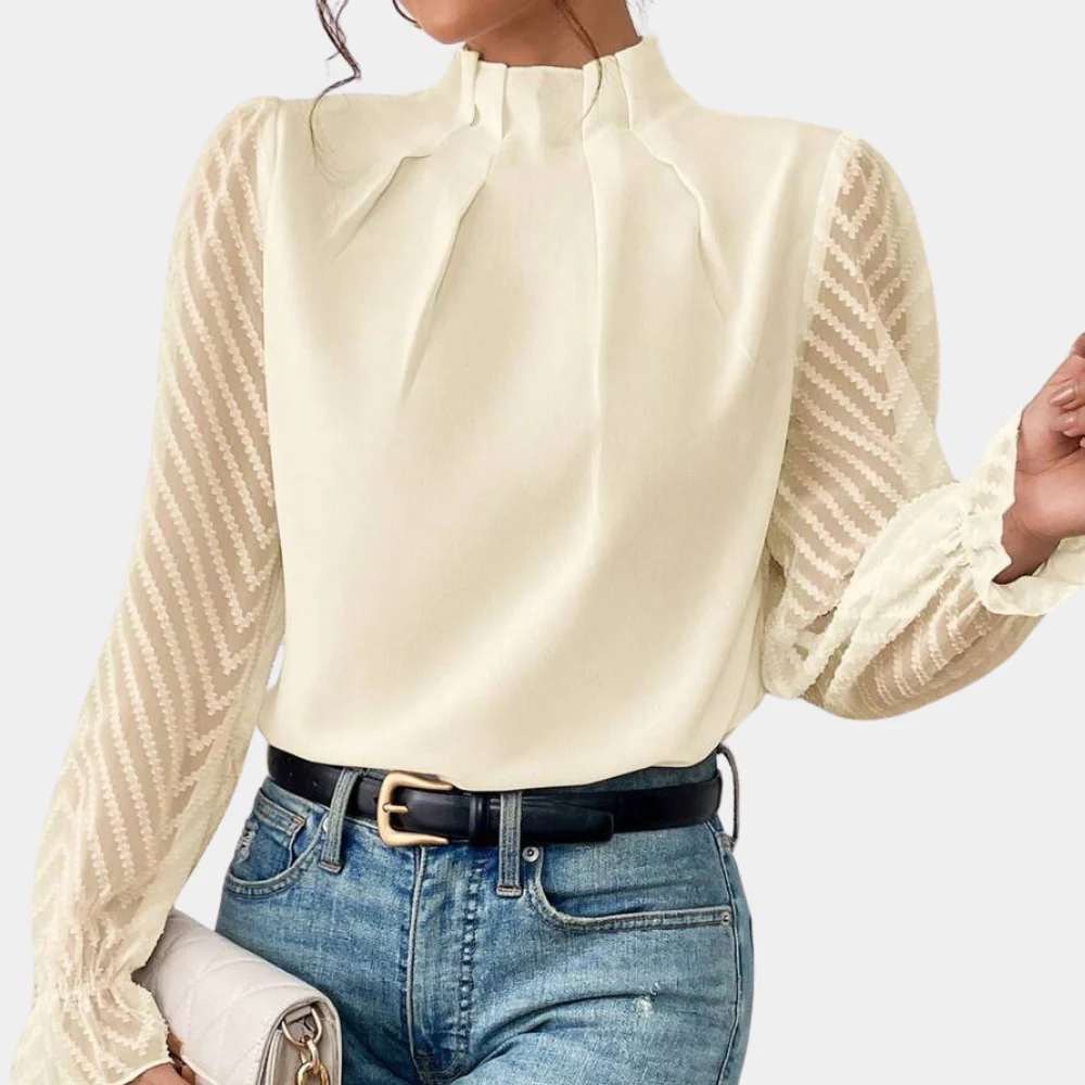 Graceful Whimsy Pleated Sheer-Sleeve Blouse