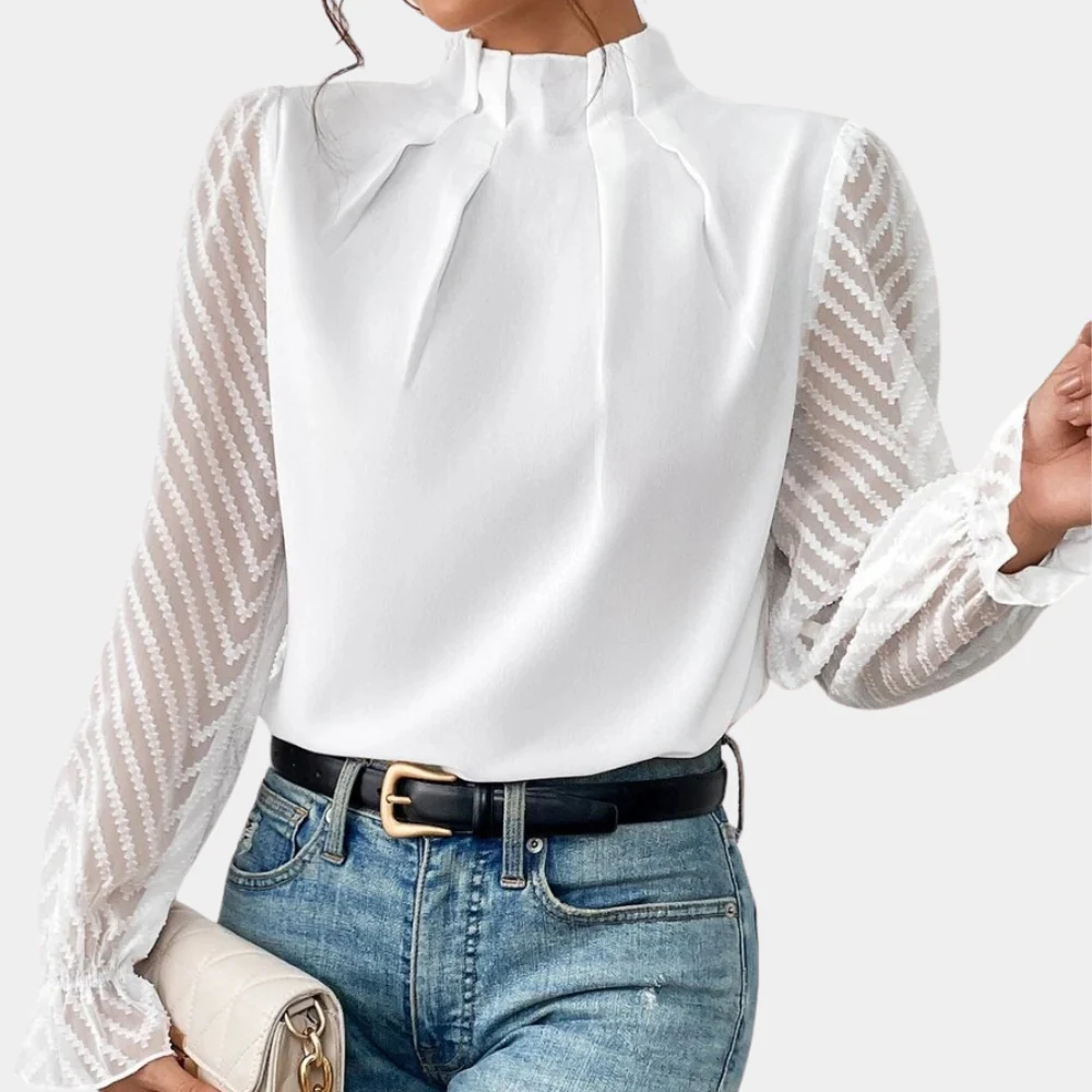 Graceful Whimsy Pleated Sheer-Sleeve Blouse