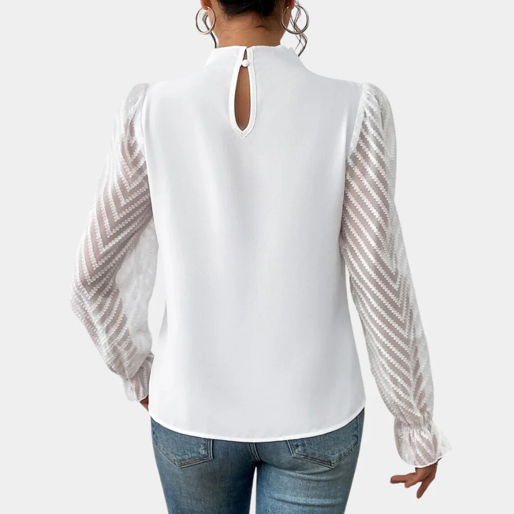 Graceful Whimsy Pleated Sheer-Sleeve Blouse