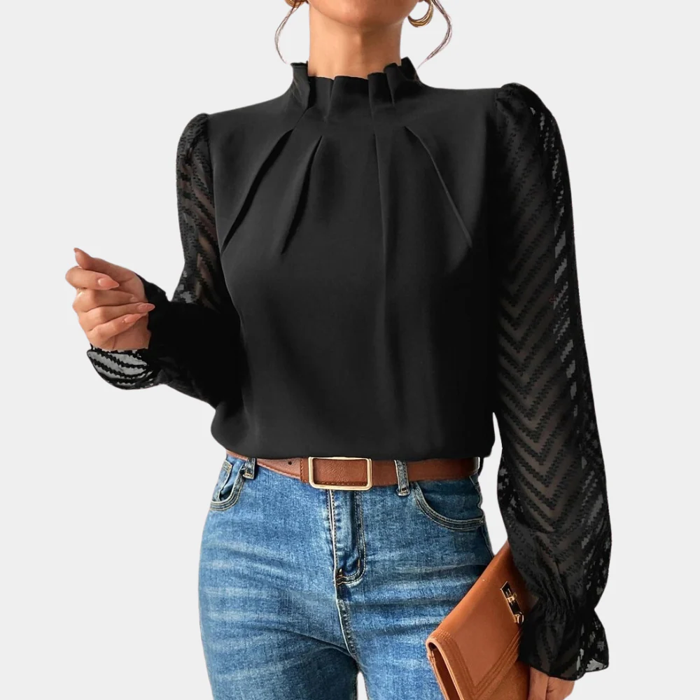 Graceful Whimsy Pleated Sheer-Sleeve Blouse