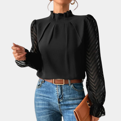 Graceful Whimsy Pleated Sheer-Sleeve Blouse
