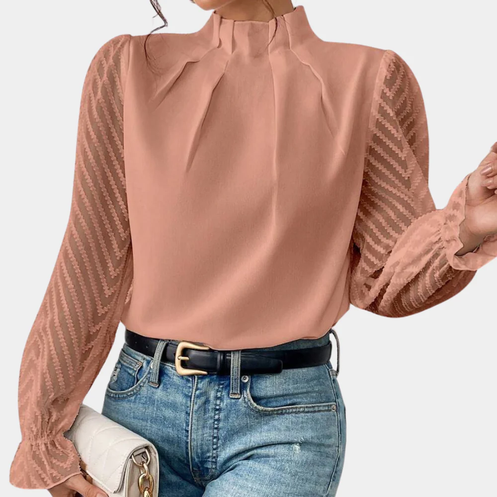 Graceful Whimsy Pleated Sheer-Sleeve Blouse