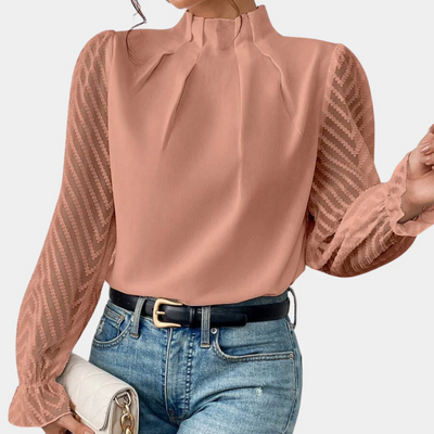 Graceful Whimsy Pleated Sheer-Sleeve Blouse