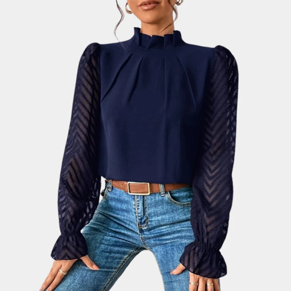 Graceful Whimsy Pleated Sheer-Sleeve Blouse
