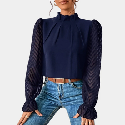 Graceful Whimsy Pleated Sheer-Sleeve Blouse