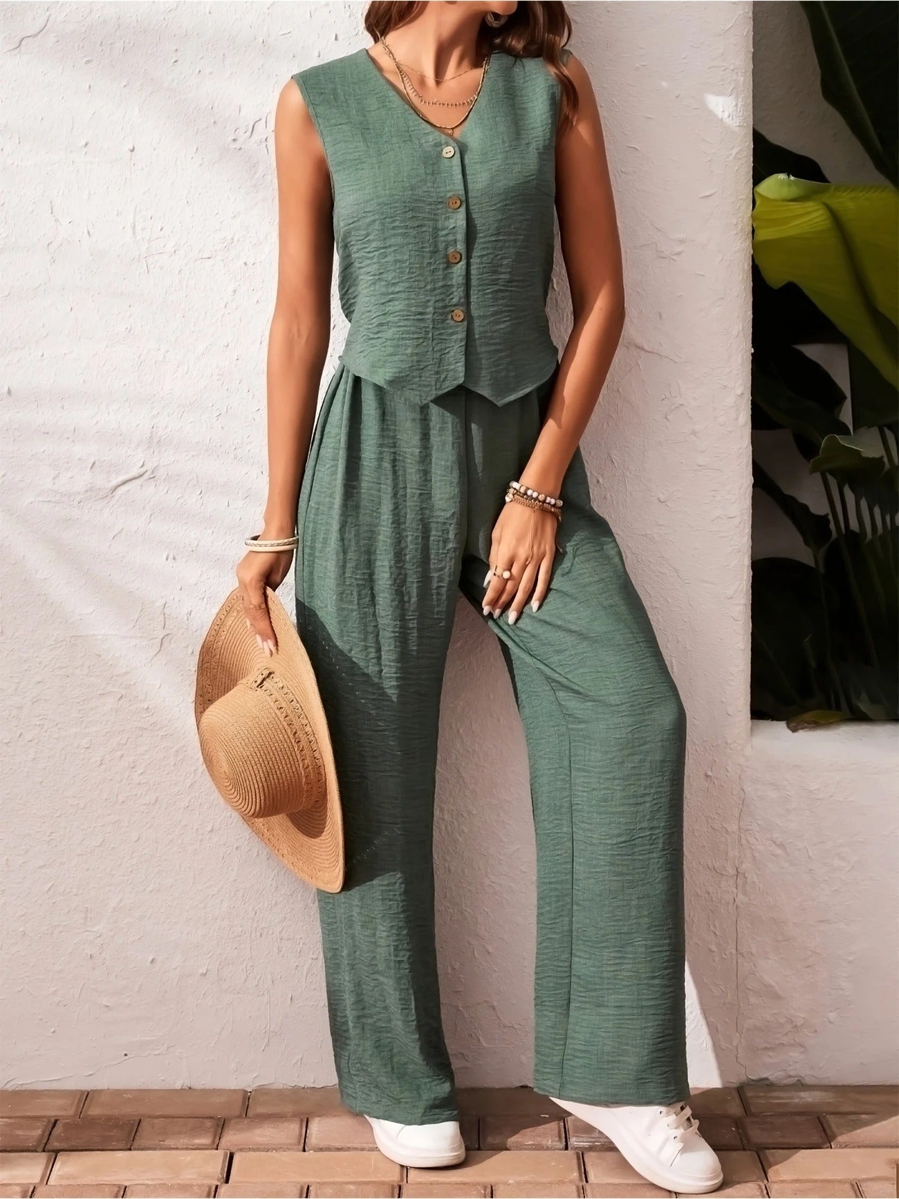 Laid-Back Allure Buttoned Wide-Leg Two-Piece Set