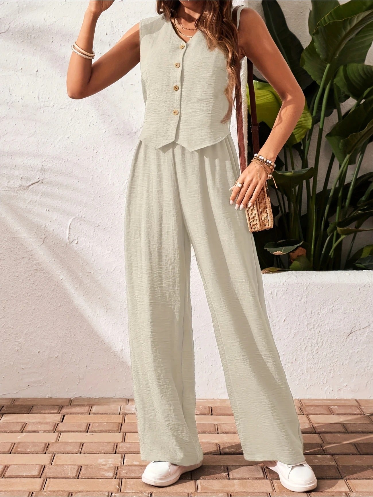 Laid-Back Allure Buttoned Wide-Leg Two-Piece Set