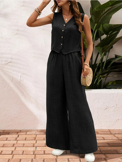 Laid-Back Allure Buttoned Wide-Leg Two-Piece Set