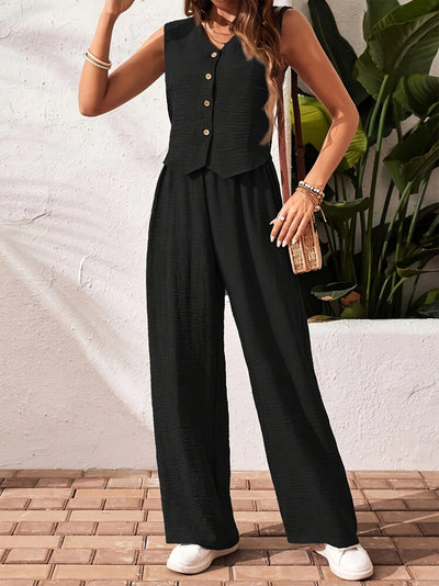 Laid-Back Allure Buttoned Wide-Leg Two-Piece Set