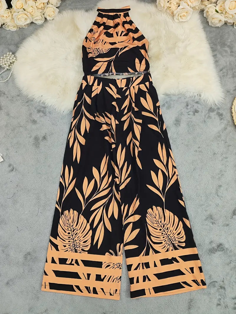 Midnight Mirage Leaf-Print Halter Set