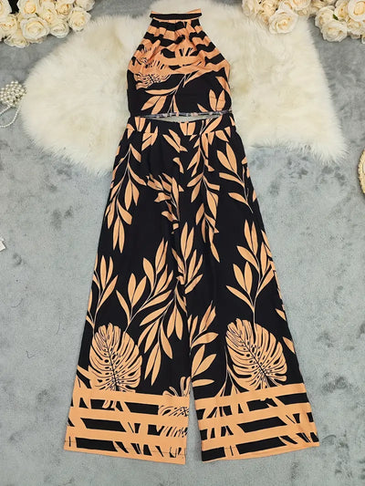 Midnight Mirage Leaf-Print Halter Set