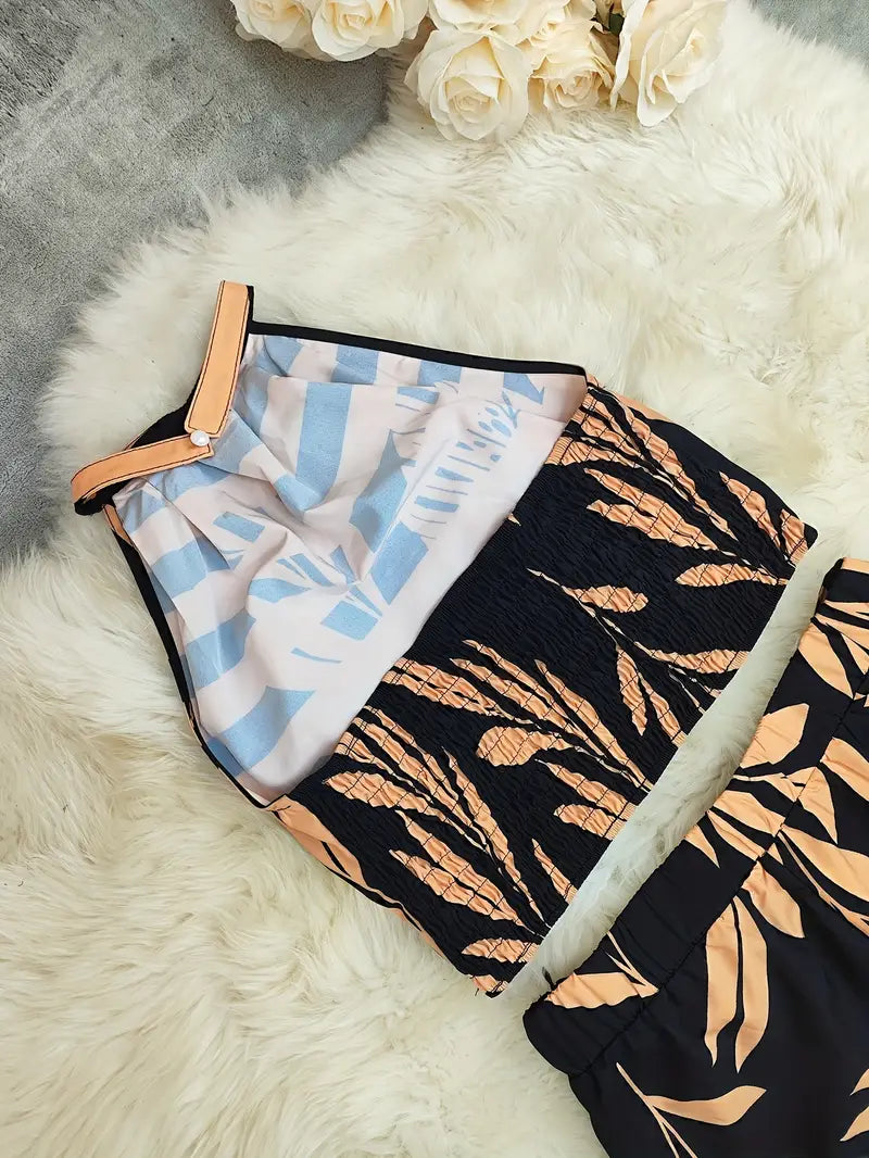 Midnight Mirage Leaf-Print Halter Set