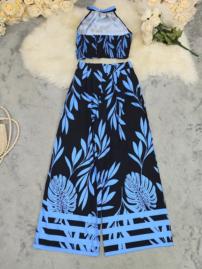 Midnight Mirage Leaf-Print Halter Set