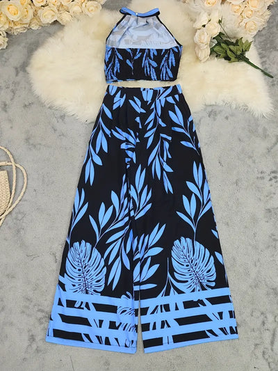 Midnight Mirage Leaf-Print Halter Set