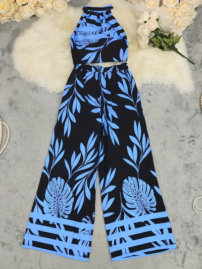 Midnight Mirage Leaf-Print Halter Set