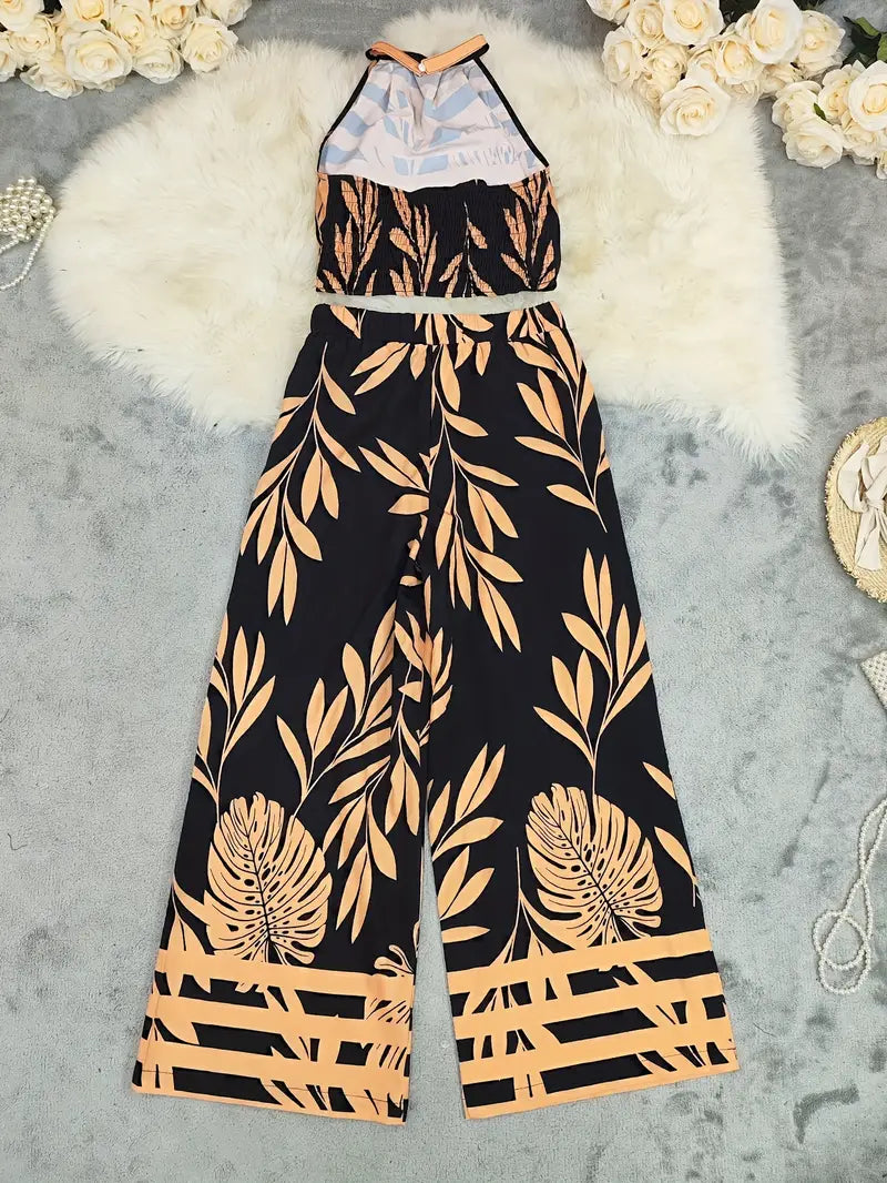 Midnight Mirage Leaf-Print Halter Set