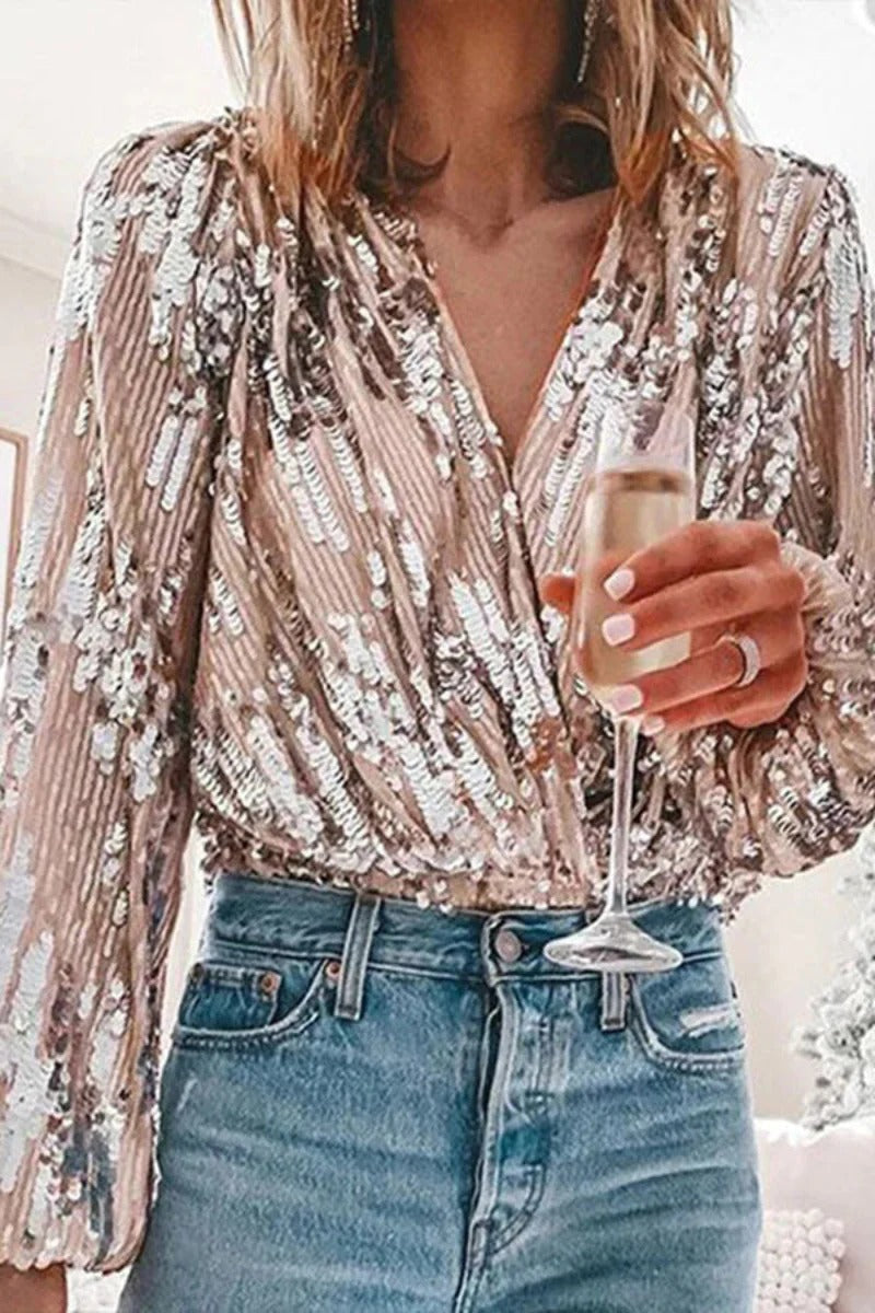 Midnight Spark Drape Sequin Blouse