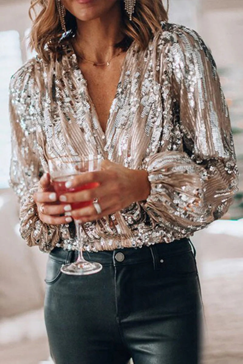 Midnight Spark Drape Sequin Blouse