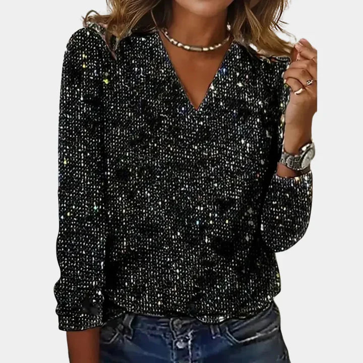 Midnight Sparkle V-Neck Blouse