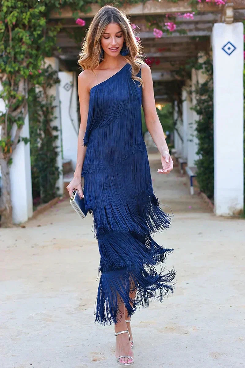Midnight Whimsy Fringe One-Shoulder Maxi Dress