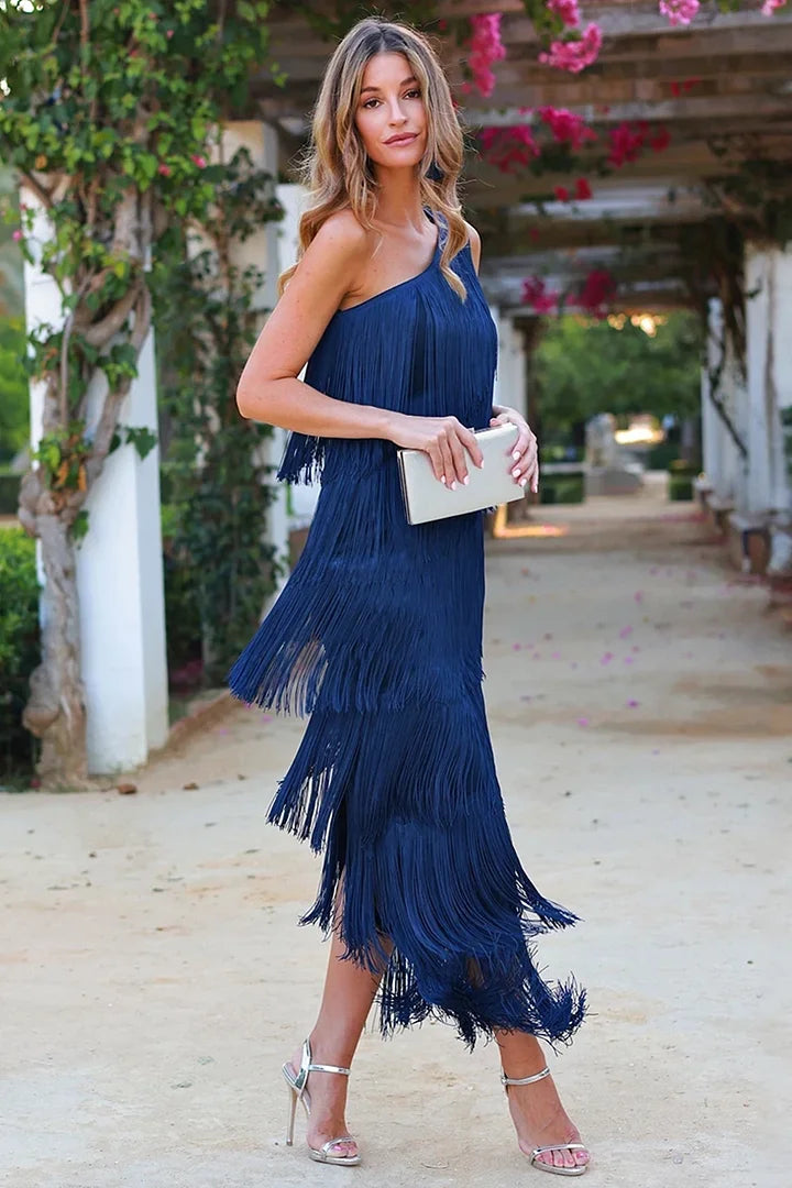Midnight Whimsy Fringe One-Shoulder Maxi Dress