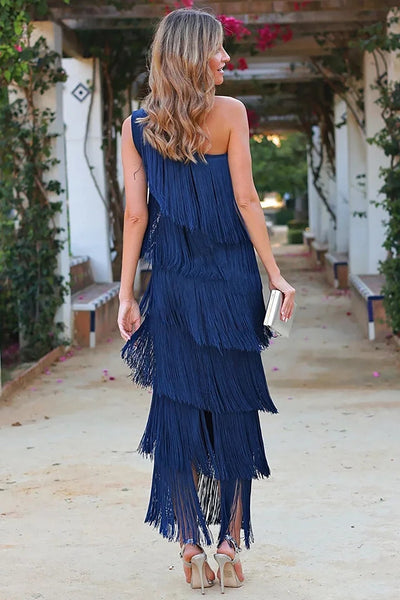 Midnight Whimsy Fringe One-Shoulder Maxi Dress
