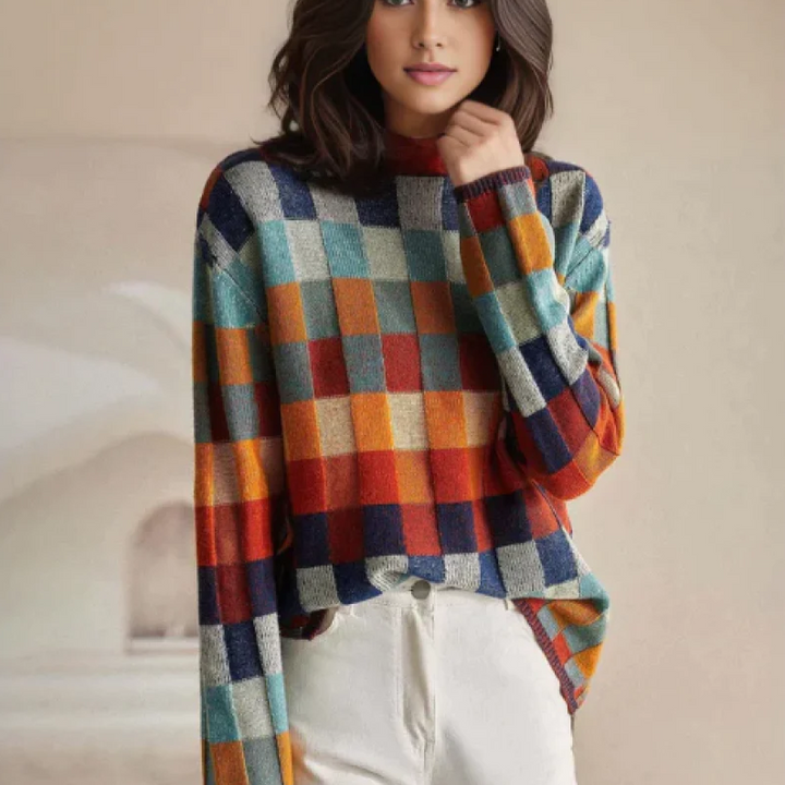 Whimsical Checkered Knit Sweater